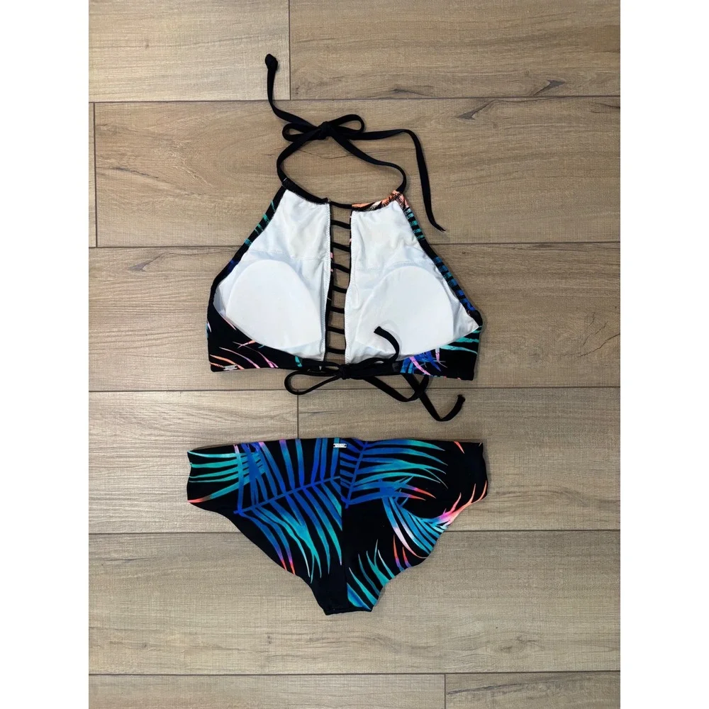 PINK Victoria's Secret Mini Bikini Set Women Medium Black Tropical Ladder Cutout - Picture 2 of 6